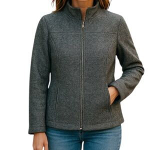 LANDS END Wool Zip Jacket Marled Black Grey High Neck Pockets Size 10P